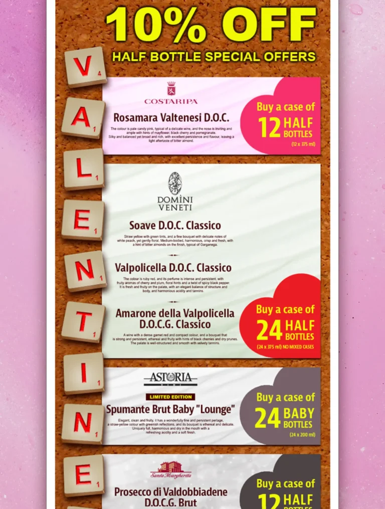 Screenshot close up of Valentines themed promotional email newsletter with Italian wine bundle offers